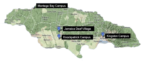 Map of Jamaica showing CCCD's 4 locations in Knockpatrick, Montego Bay, Kingston, and the Jamaican Deaf Village